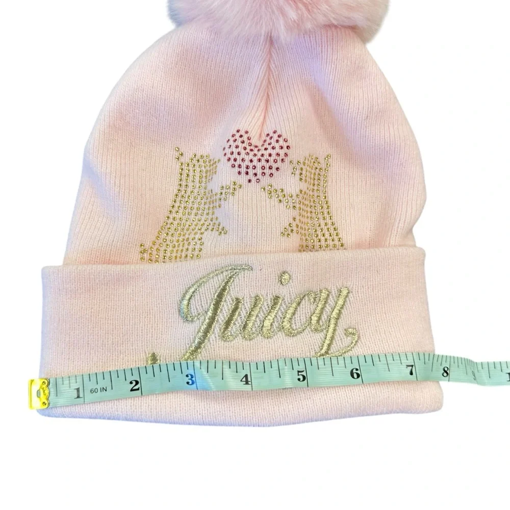 Juicy Couture Girls Light Pink Pom-Pom Beanie with Crystal Dogs